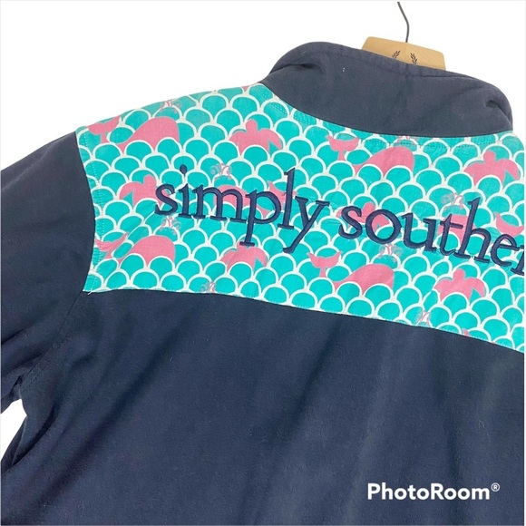 SIMPLY SOUTHERN Navy Blue Quarter Zip Contrast Fish Scale Elbow Patch Pullover - Picture 4 of 12